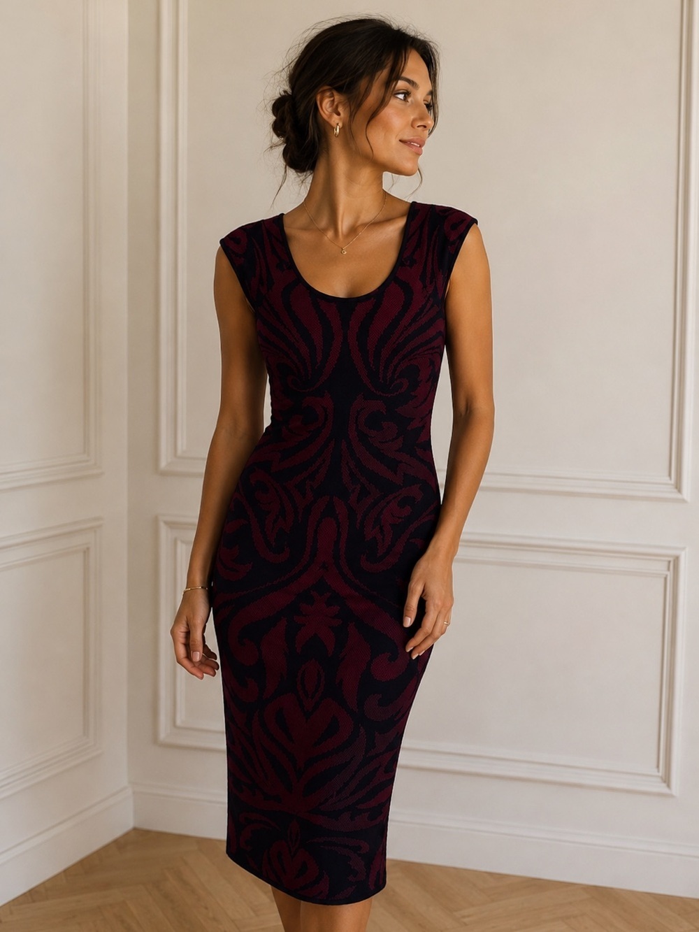 Ronny Kobo S knit red and Black Midi Body Contour stretch Dress great condition